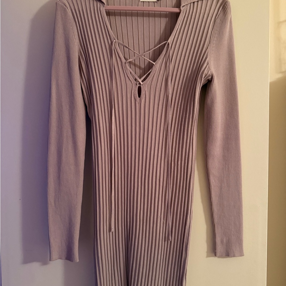Lush Ribbed Lace-Up Long Sleeve Dress in Lavender